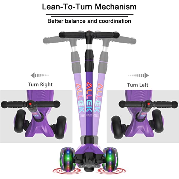 Allek Kick Scooter B03, Lean 'N Glide 3-Wheeled Push Scooter with Extra Wide PU Light-Up Wheels, Any Height Adjustable Handlebar and Strong Thick Deck for Children from 3-12yrs (Rose Pink)