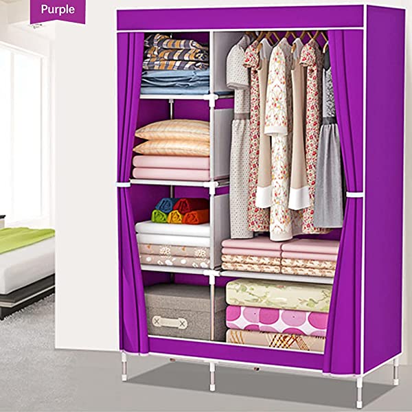 QUMENEY Wardrobe Storage Closet, Portable Clothes Standing Shelves Organizer, Extra Strong and Durable Non-Woven Fabric Rack with Hanging Rods, Quick and Easy to Assemble (Pink Dots)