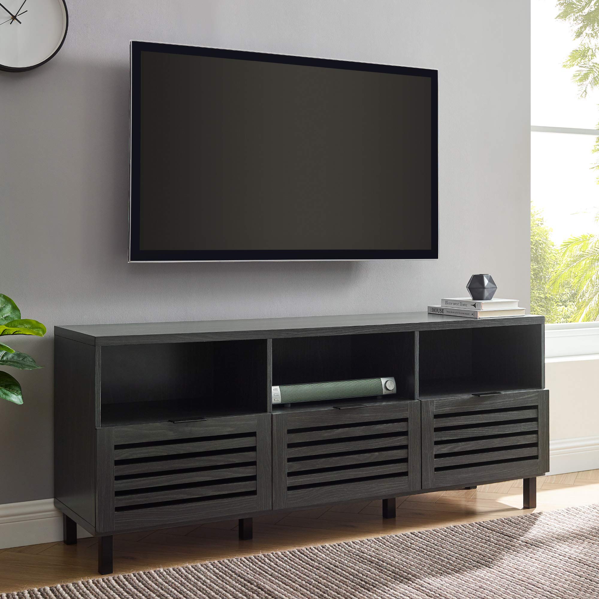 【Furniture】Modern Slatted Wood TV Stand for TV's up to 80