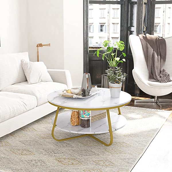 Elephance Round Coffee Table with Storage, 35.8 Inch Rustic Wood Coffee Table with Strong Metal Frame for Living Room, Dining Room, Cocktail Table, Round Sofa Table (Almond)