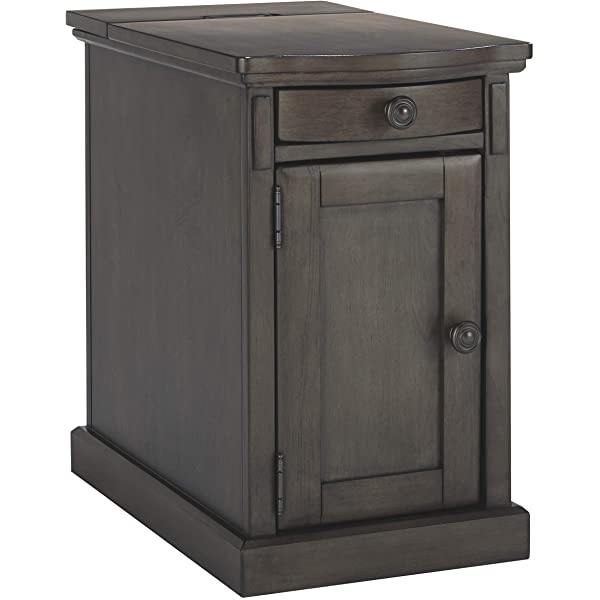 Signature Design by Ashley Tyler Creek Rustic Chair Side End Table with Pull-Out Tray & USB Ports, Brown Blackish Brown Table