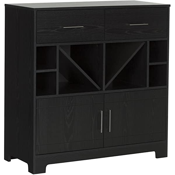 South Shore Vietti Bar Cabinet with Liquor and Wine Bottle Storage with Drawers, Black Oak with Metal Handles