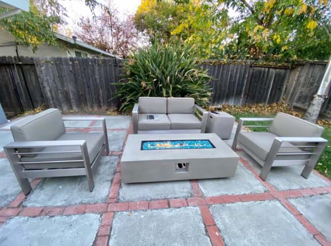 Christopher Knight Home Cape Coral Outdoor Chat Set with Fire Table, 5-Piece Set, Khaki/Light Gray