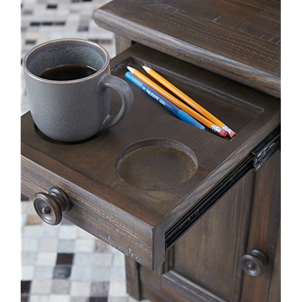 Signature Design by Ashley Tyler Creek Rustic Chair Side End Table with Pull-Out Tray & USB Ports, Brown Blackish Brown Table
