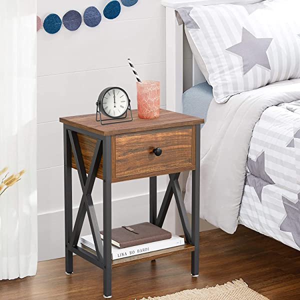 VECELO Modern Versatile Nightstands X-Design Side End Table Night Stand Storage Shelf with Bin Drawer for Living Room Bedroom, Brown+Black Brown+black Modern