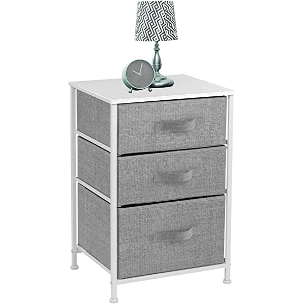 Sorbus Nightstand with 3 Drawers - Bedside Furniture & Accent End Table Chest for Home, Bedroom Accessories, Office, College Dorm, Steel Frame, Wood Top, Easy Pull Fabric Bins (Gray) Grey