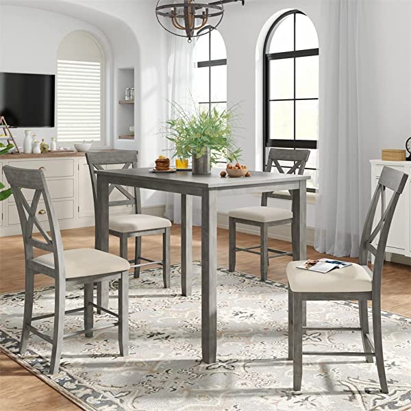Wood 5 Pcs Counter Height Dining Table Set with 4 Upholstered Chairs,Kitchen Dining Table Set for Dining Room, Kitchen, Dinette, Compact Small Space,4 Chairs and Table Furniture Set