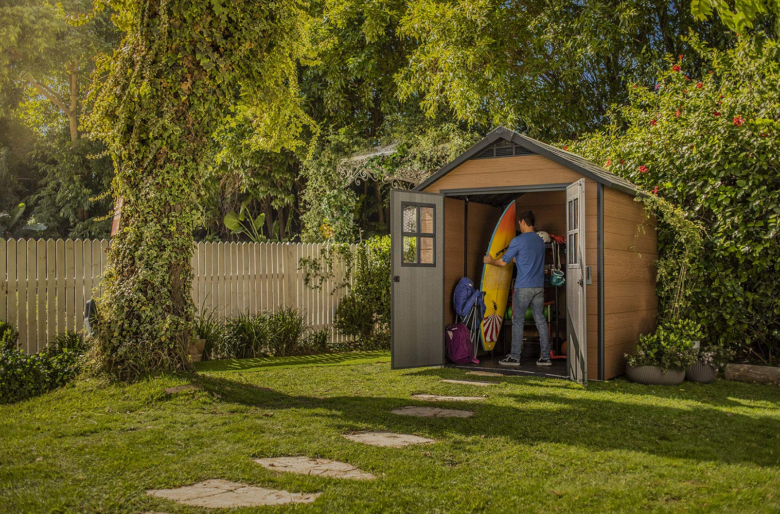 【Storage Shed】7.5×7 Large Resin Outdoor Storage Shed Kit – Perfect to Store Patio Furniture, Garden Tools