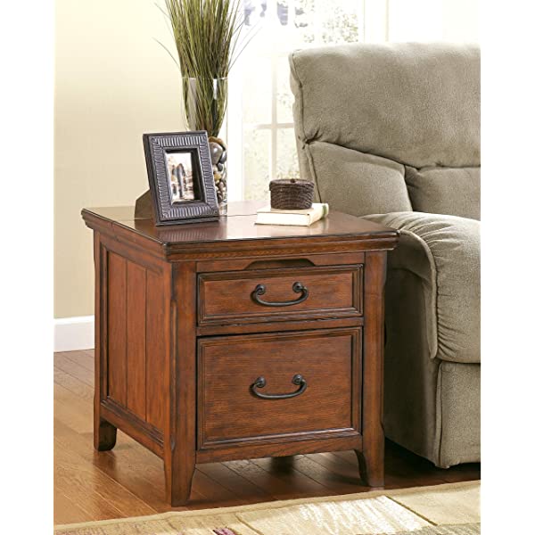 Signature Design by Ashley Tyler Creek Rustic Chair Side End Table with Pull-Out Tray & USB Ports, Brown Blackish Brown Table