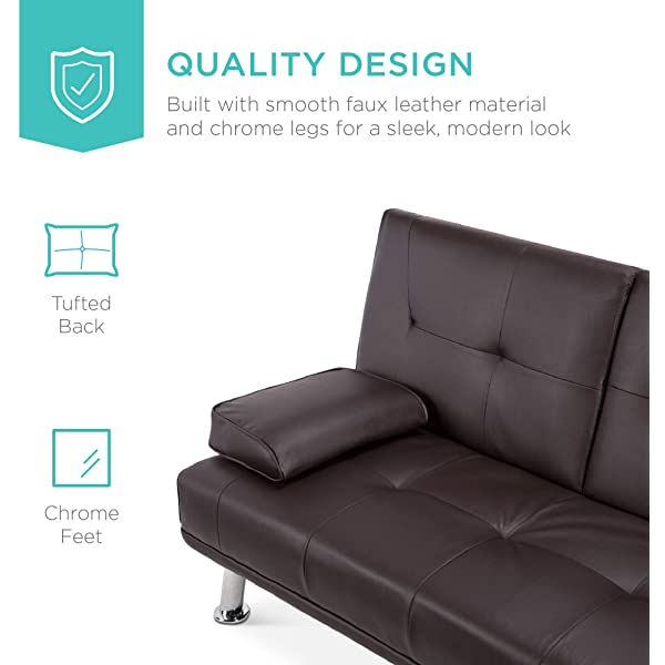 Best Choice Products Faux Leather Upholstered Modern Convertible Folding Futon Sofa Bed for Compact Living Space, Apartment, Dorm, Bonus Room w/Removable Armrests, Metal Legs, 2 Cupholders - Black