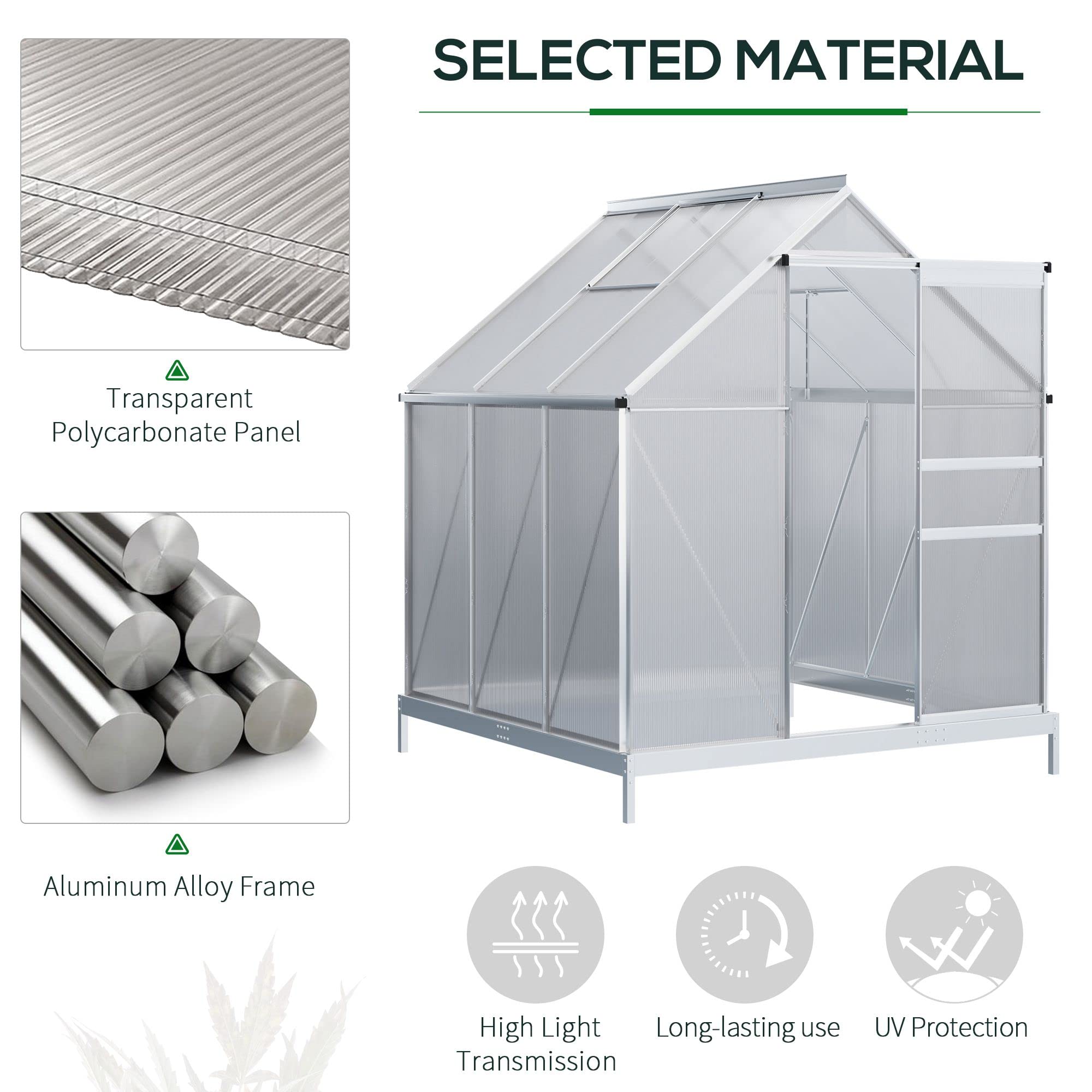 【Home & Garden】6' x 6' aluminum greenhouse polycarbonate walk-in garden greenhouse vents, sliding doors