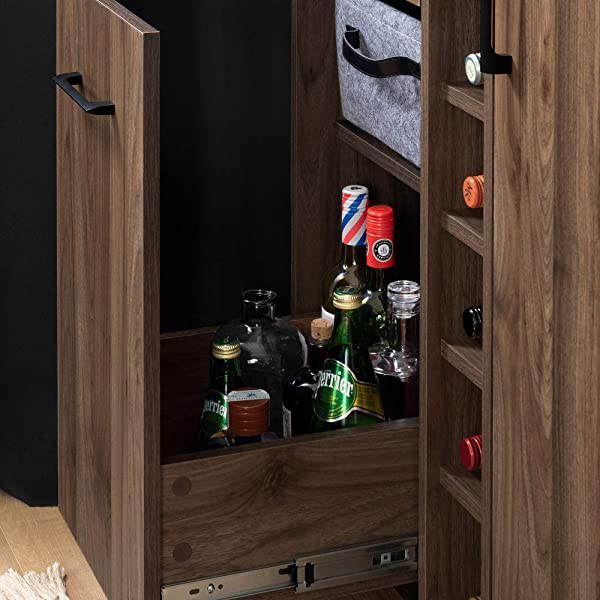 South Shore Bar Cabinet with Bottle and Glass Storage, Black Oak Black Oak Bar Cabinet