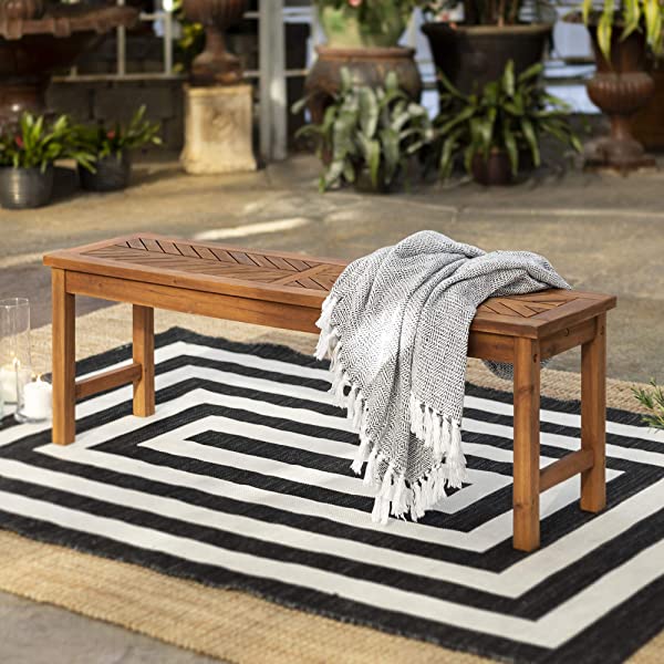 Walker Edison 5 Person Outdoor Wood Chevron Patio Furniture Dining Set Table Chairs Bench All Weather Backyard Conversation Garden Poolside Balcony, 4 Piece, Brown Brown 4 Piece Dining Set