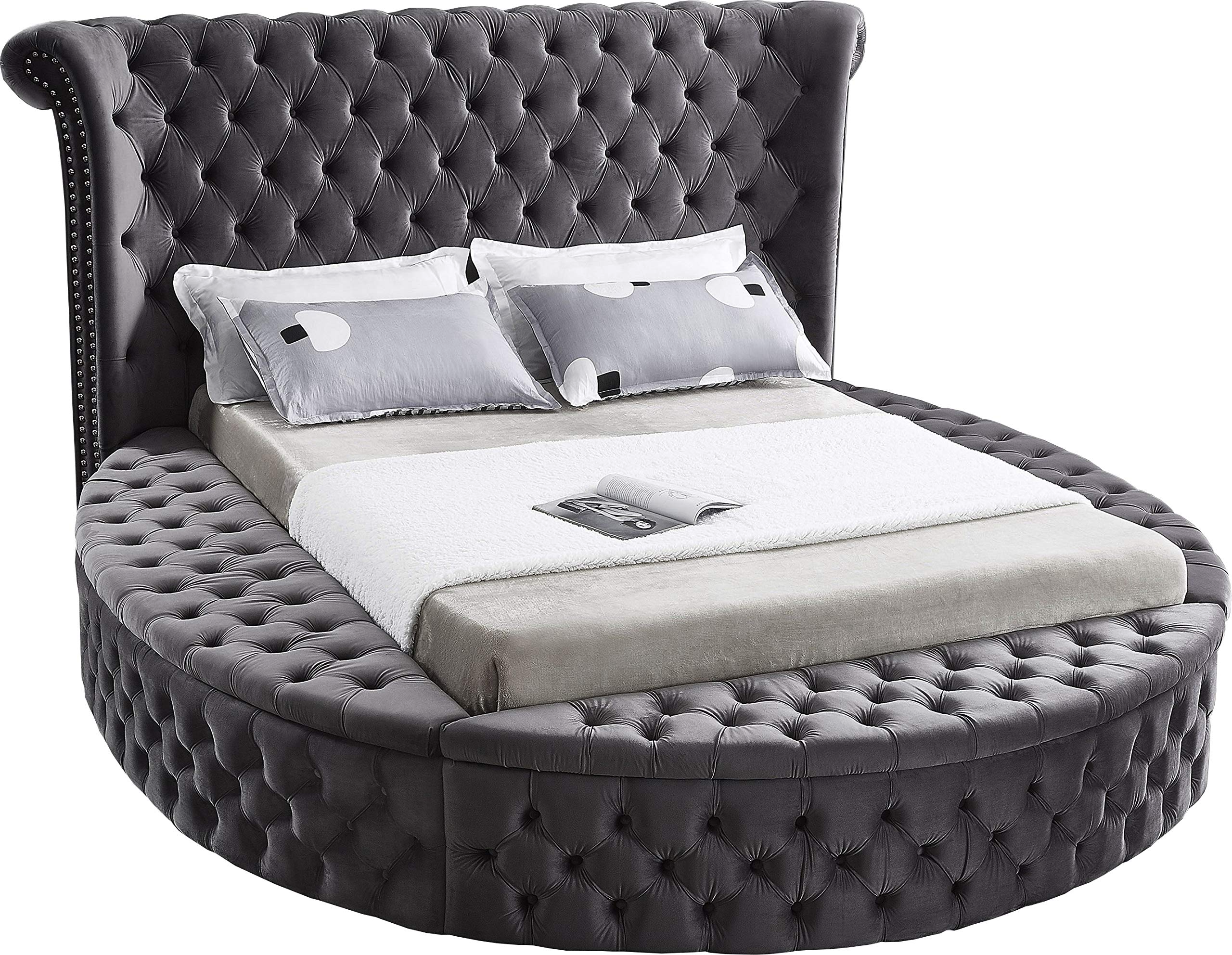 【Furniture】Contemporary Round Shaped Velvet Upholstered Bed with Deep Button Tufting & Footboard Storage, King