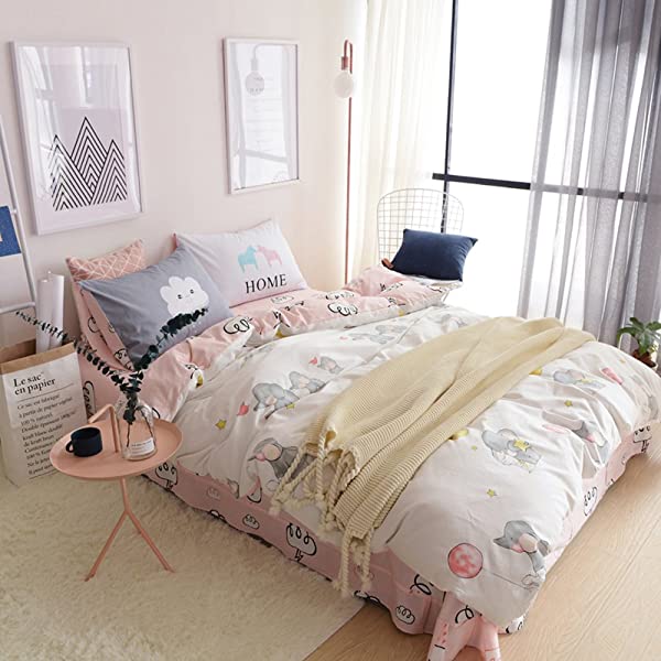 New Cartoon Animals Elephant Print Duvet Cover Sets for Kids 100% Cotton Reversible Soft 3 Pieces Kids Bedding Duvet Cover Pillowcases Kawaii Cloud Bedding Sets, Queen/Full Full/Queen (1 Duvet Cover + 2 Pillowcases) Multi A00 Elephant Bunny Balloon