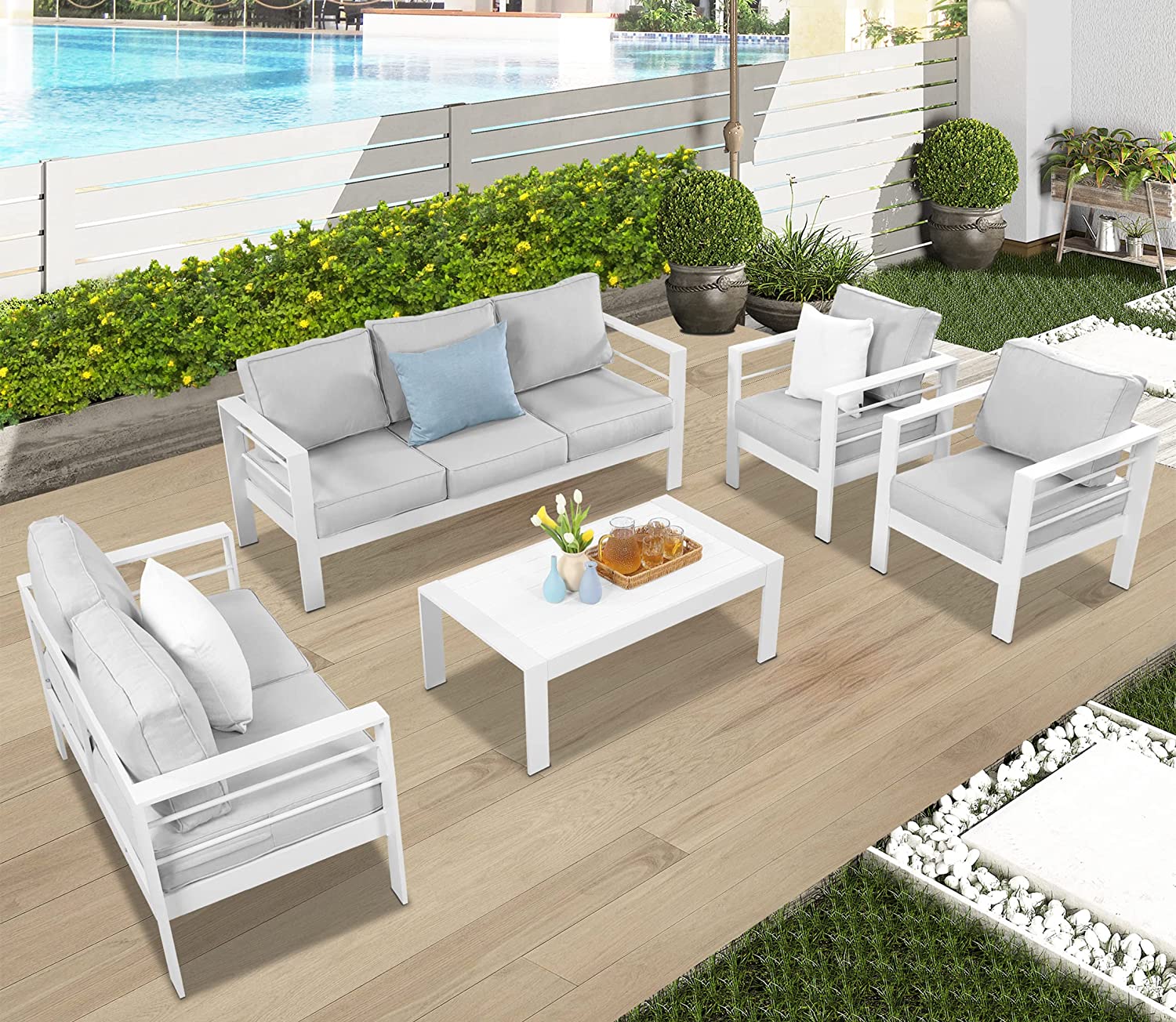 【Furniture】Aluminum Outdoor Patio Furniture Set, Outdoor Sectional Metal Sofa with 5