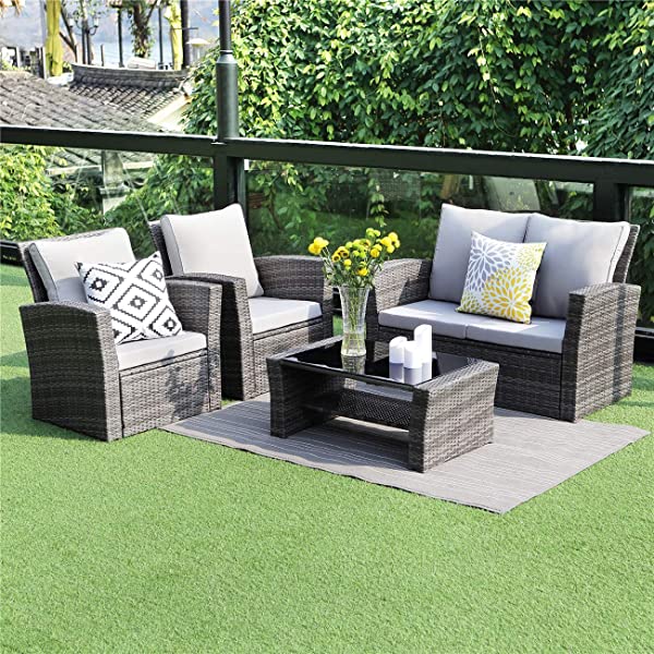 Wisteria Lane 4 Piece Outdoor Patio Furniture Sets, Wicker Conversation Set for Porch Deck, Gray Rattan Sofa Chair with Cushion Grey
