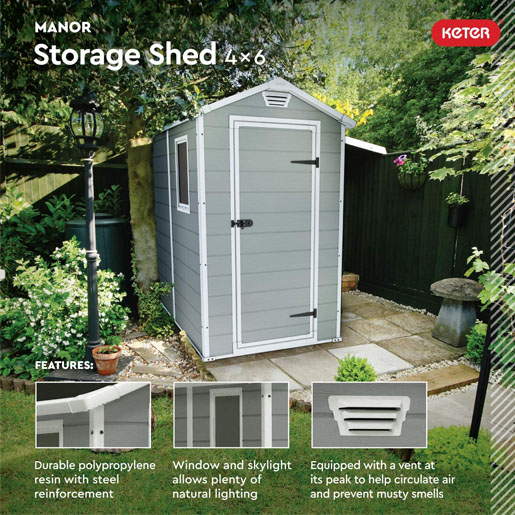 Keter Manor Outdoor Plastic Garden Storage Shed, Grey, 6 x 4 ft