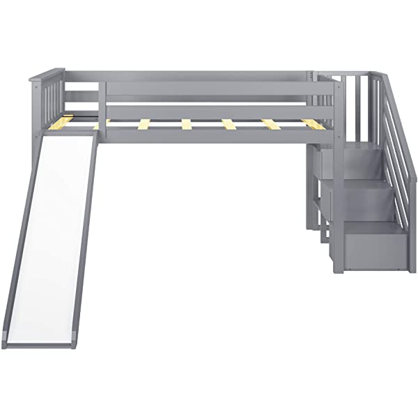 Max & Lily Twin Low Loft Bed with Staircase, White White Low Loft + Staircase Bed