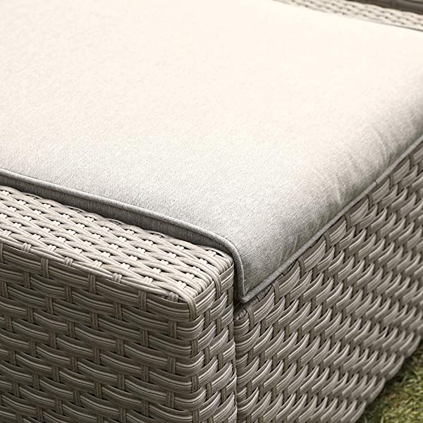 COSIEST 5-Piece Outdoor Furniture Lounge Set Warm Gray Wicker Sectional Sofa w Thick Cushions, Glass-Top Table, 2 Ottomans, 2 Teal Pattern Pillows for Garden, Pool, Backyard