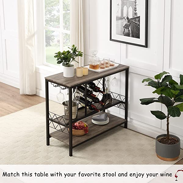 O&K FURNITURE Industrial Wine Rack Table with Glass Holder, Wine Bar Cabinet with Storage, Brown