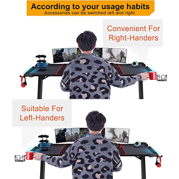 DESIGNA Gaming Desk with LED Lights, 60 inch Computer Gaming Desk Z-Shaped with Mouse Pad, Handle Rack, Cup Holder, Headphone Hook, Black