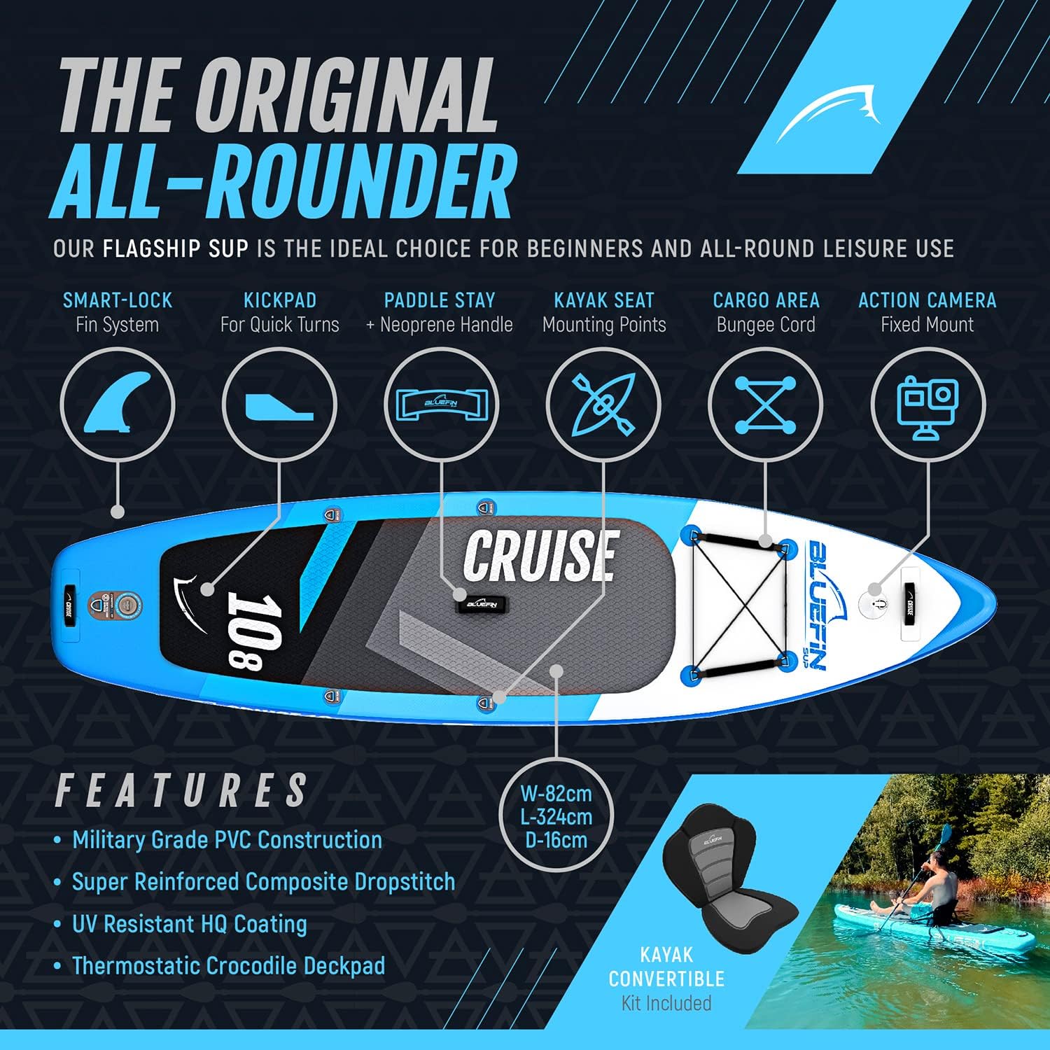 Bluefin Cruise SUP Inflatable Stand Up Paddle Board | Premium Paddleboard Accessories | Multiple sizes: Kids, 9'8, 10'4, 10’8, 12’, 15'