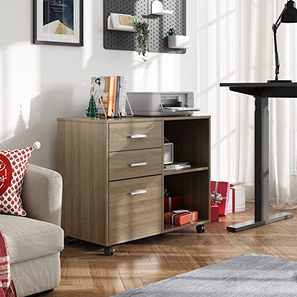 DEVAISE 3-Drawer Wood File Cabinet with Lock, Mobile Lateral Filing Cabinet, Printer Stand with Open Storage Shelves for Home Office, Black