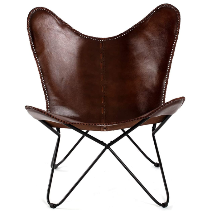 Vintage Brown Leather & Arm Butterfly Chair | Genuine Tan Leather Butterful Chair Home Decor | Handmade Chair Presented by Indian Hando Art