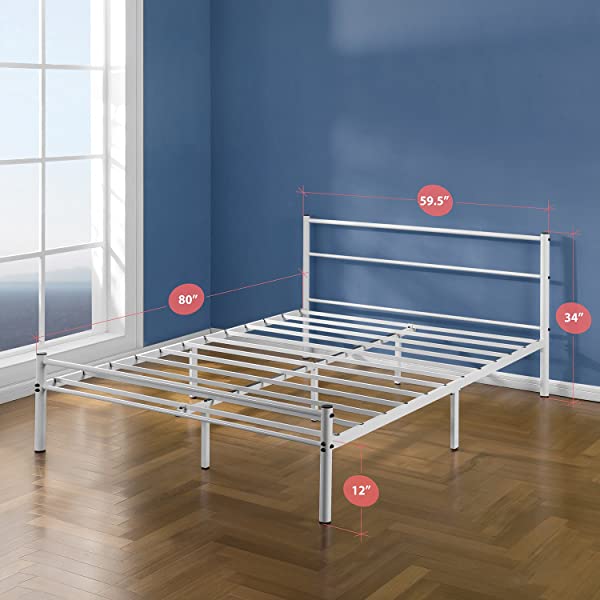 Zinus Geraldine 12 inch White Metal Platform Bed Frame with Headboard and Footboard / Premium Steel Slat Support / Mattress Foundation, Full White Full Bed Frame