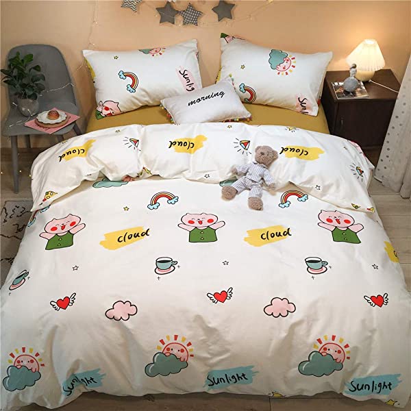 New Cartoon Animals Elephant Print Duvet Cover Sets for Kids 100% Cotton Reversible Soft 3 Pieces Kids Bedding Duvet Cover Pillowcases Kawaii Cloud Bedding Sets, Queen/Full Full/Queen (1 Duvet Cover + 2 Pillowcases) Multi A00 Elephant Bunny Balloon