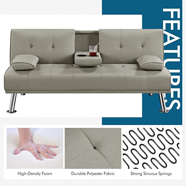 YAHEETECH Linen Fabric Modern Sofa Bed Sectional Couch Bed Folding Recliner Sleeper Reversible Loveseat Convertible Daybed, 2 Cup Holders, 3 Angles, 772lb Capacity, Removable Armrests, Dark Gray