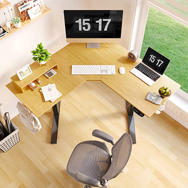 FEZIBO Dual Motor L-Shaped Electric Standing Desk, 48 Inches Height Adjustable Corner Desk, Full Sit Stand Home Office Table with Splice Board, Black Frame/Rustic Brown Top