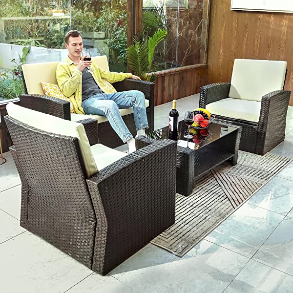 YITAHOME 4 Pieces Outdoor Furniture Sofa Set, PE Rattan Wicker Sectional Furniture Conversation Set with Cushions and Table for Porch Lawn Garden, Black
