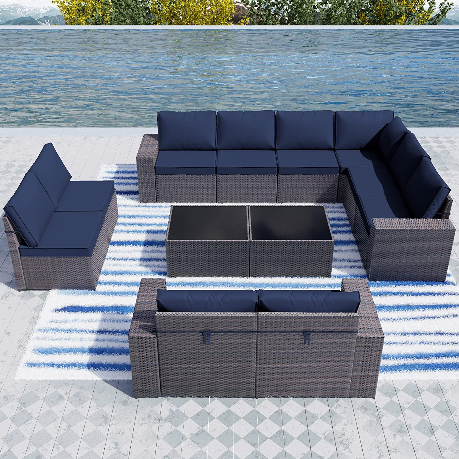 【Furniture】Outdoor Patio Furniture Set 12-Pc Sectional Rattan Sofa Set Brown PE Wicker Patio Conversation Set
