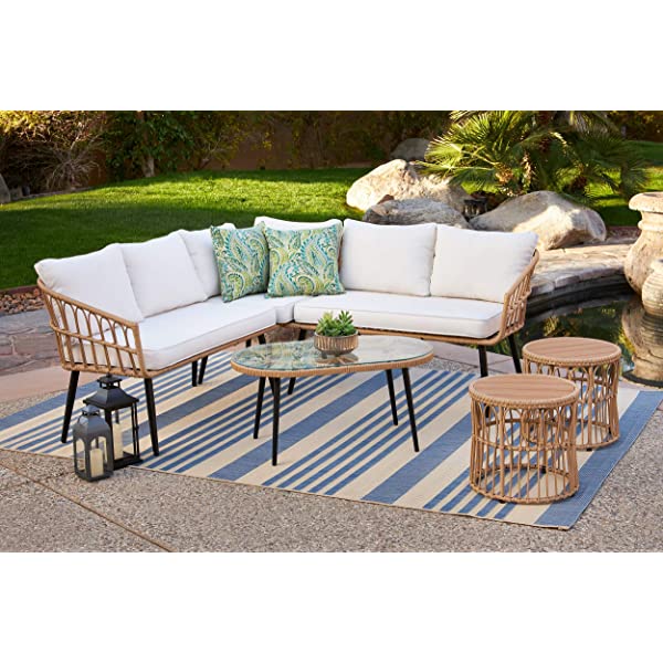 Quality Outdoor Living 65-YZ03HM Hermosa 3 Piece Chat Set, Tan Wicker + Linen Cushions 3-Piece Chat Set (Linen Cushions)