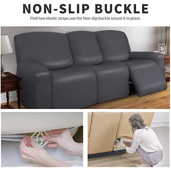 Easy-Going PU Leather Recliner Sofa Slipcovers, Waterproof Stretch Sofa Covers, 8 Pieces Stretch Furniture Protector, Elastic Strap Shield Pets Kids Children Cats Dogs Beige