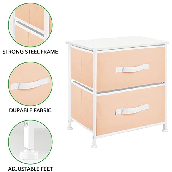 mDesign Storage Dresser End/Side Table Night Stand Furniture Unit - Small Standing Organizer for Bedroom, Office, Living Room, and Closet - 2 Drawer Removable Fabric Bins - Gray/White Grey