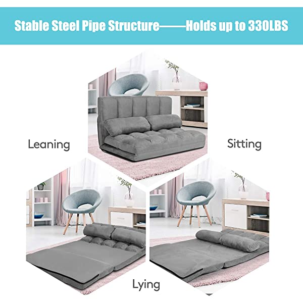 Giantex Adjustable Floor Sofa, Foldable Lazy Sofa Sleeper Bed 6-Position Adjustable, Suede Cloth Cover, Floor Gaming Sofa Couch with 2 Pillows for Bedroom/Living Room/Balcony (Blue)