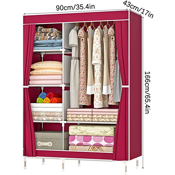 QUMENEY Wardrobe Storage Closet, Portable Clothes Standing Shelves Organizer, Extra Strong and Durable Non-Woven Fabric Rack with Hanging Rods, Quick and Easy to Assemble (Pink Dots)