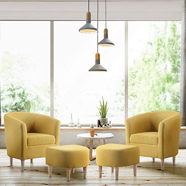 DAZONE Modern Accent Chair, Upholstered Arm Chair Linen Fabric Single Sofa Chair with Ottoman Foot Rest Mustard Yellow Comfy Armchair for Living Room Bedroom Small Spaces Apartment Office Yellow With Ottoman