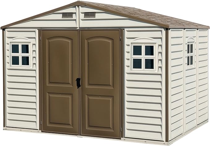 Duramax WoodSide 10 x 8 (8.02 m2) Plastic Garden Shed with 3 Fixed Windows & Metal Foundation Kit, Strong Metal Roof Structure Fire Retardant and Maintenance-Free Storage Shed - Ivory/Brown