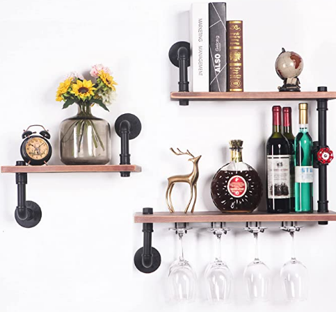 VEMEST 3 Tier Industrial Pipe Shelving Wall Mounted, Rustic Metal Storage Floating Shelves for Bedroom, Living Room, Bathroom, Farmhouse Kitchen Bar Shelving and Wall Shelf Unit Bookshelf.