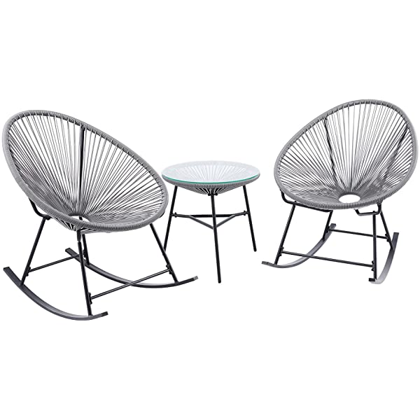 VONLUCE 3 Piece Outdoor Acapulco Bistro Set, Patio Furniture Set with Glass Top Table and 2 Rocking Chairs with Hand-Woven Rope, All Weather 3pc Conversation Set for Balcony and Patio Décor, Black