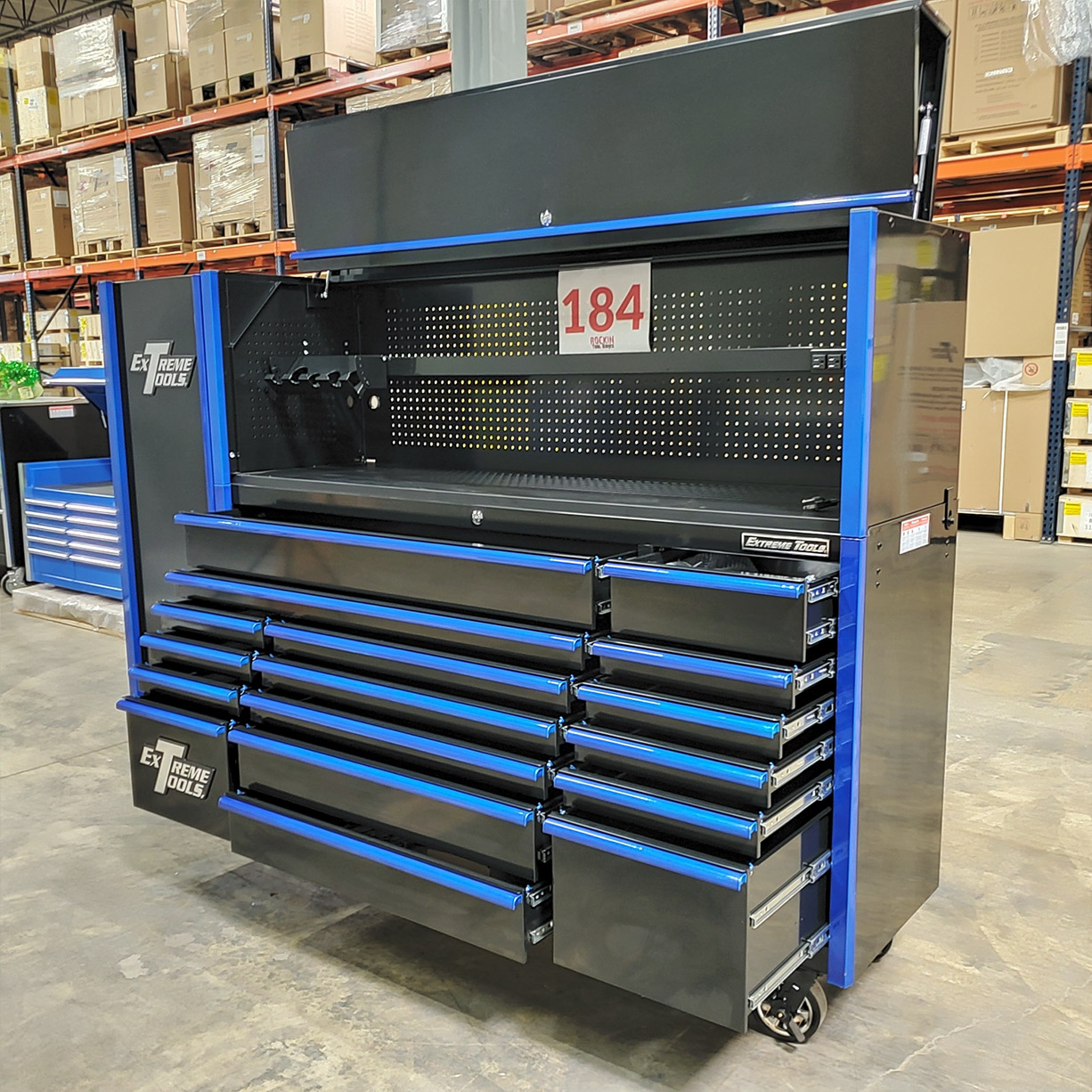 used toolboxScratch & Dent, Extreme Tools DX Series 72 x 21 Triple Bank Roller, Hutch & Side Locker Combo in Black-Blue