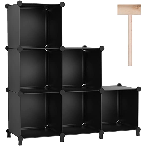 Puroma Cube Storage Organizer 6-Cube Closet Storage Shelves with Wooden Mallet DIY Closet Cabinet Bookshelf Plastic Square Organizer Shelving for Home, Office, Bedroom - Black Black Medium