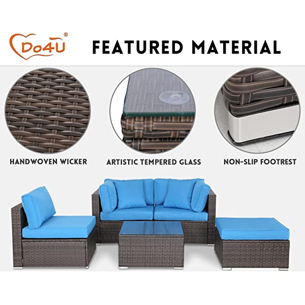 Do4U 5 Pieces Outdoor Patio Furniture Set PE Rattan Patio Set Porch Furniture Cushioned Patio Chairs Set Patio Conversation Set for Garden Balcony Porch Poolside Lawn (Blue)