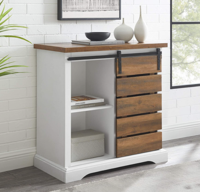 Walker Edison Willa Modern Farmhouse Sliding Single Slat Door Storage Console, 32 Inch, White and Rustic Oak