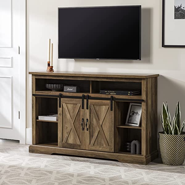 Walker Edison Richmond modern farmhouse sliding barn door TV stand for up to 52 inches, white and rustic oak white without fireplace 52 inches TV