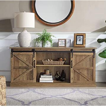 BELLEZE Modern Farmhouse TV Stand & Media Entertainment Center Console Table for TVs up to 65 Inch with Sliding Barn Door and Storage Cabinets - Truman (Stone Grey)